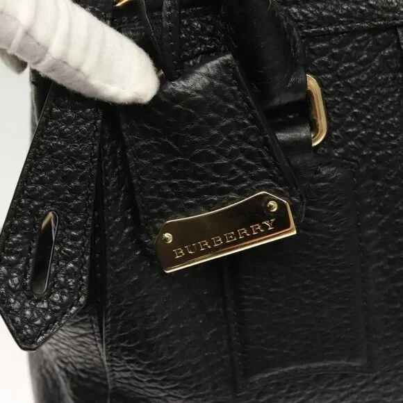 BURBERRY Hand Bag Leather 2way Black Gold Auth mr1365 - Picture 13 of 16